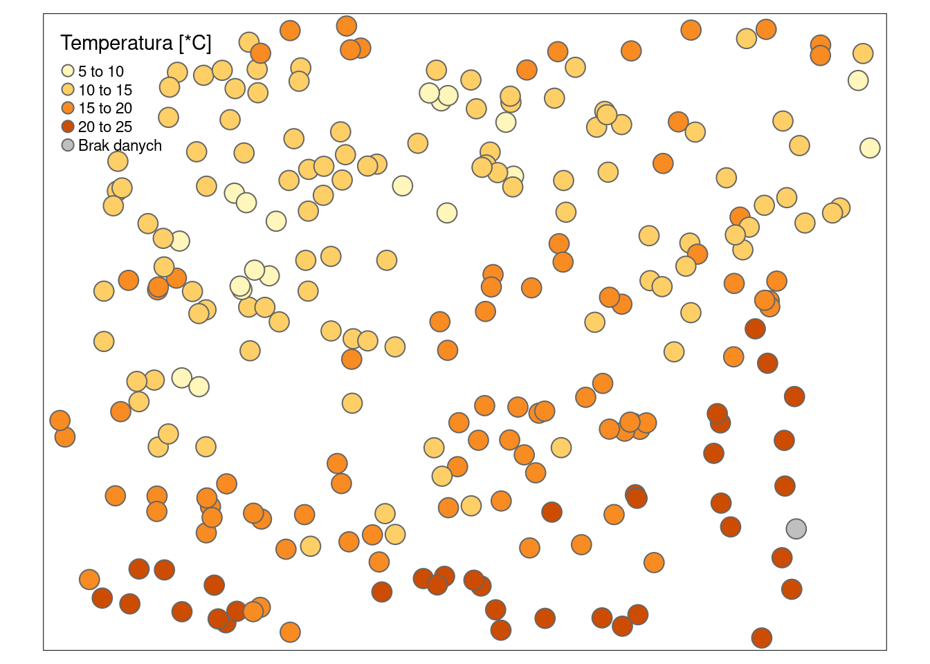 Użycie pakietu tmap do wizualizacji zmiennej temp w danych punktowych.