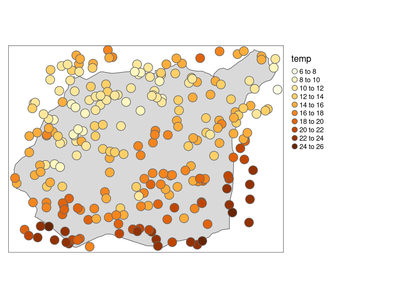 Wizualizacja zmiennej temp pozwalająca na wyszukanie wartości lokalnie odstających.