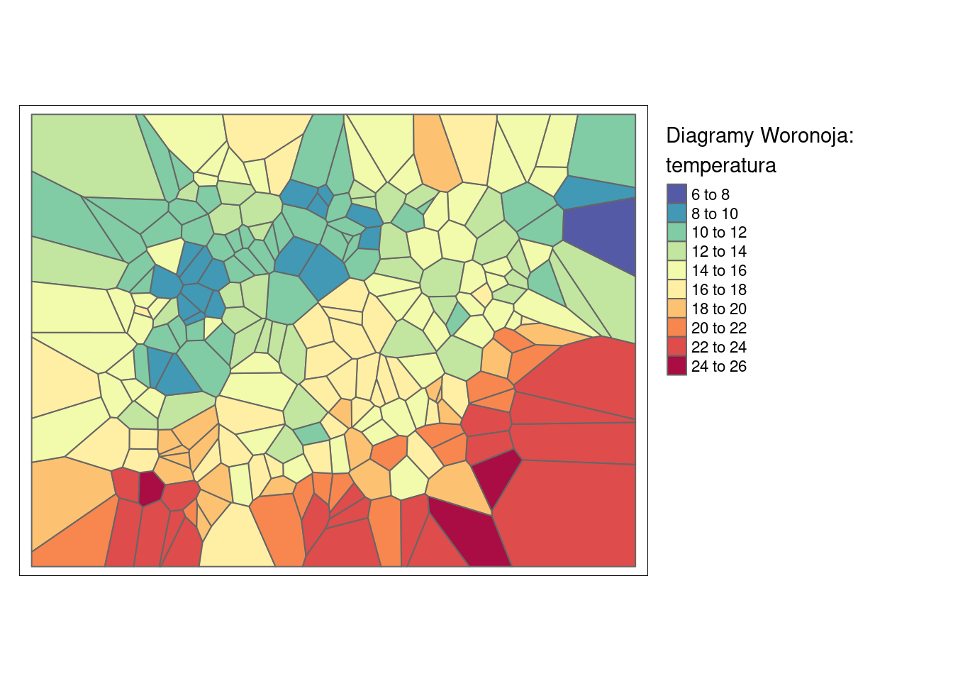 Interpolacja zmiennej temp używając metody diagramów Woronoja.