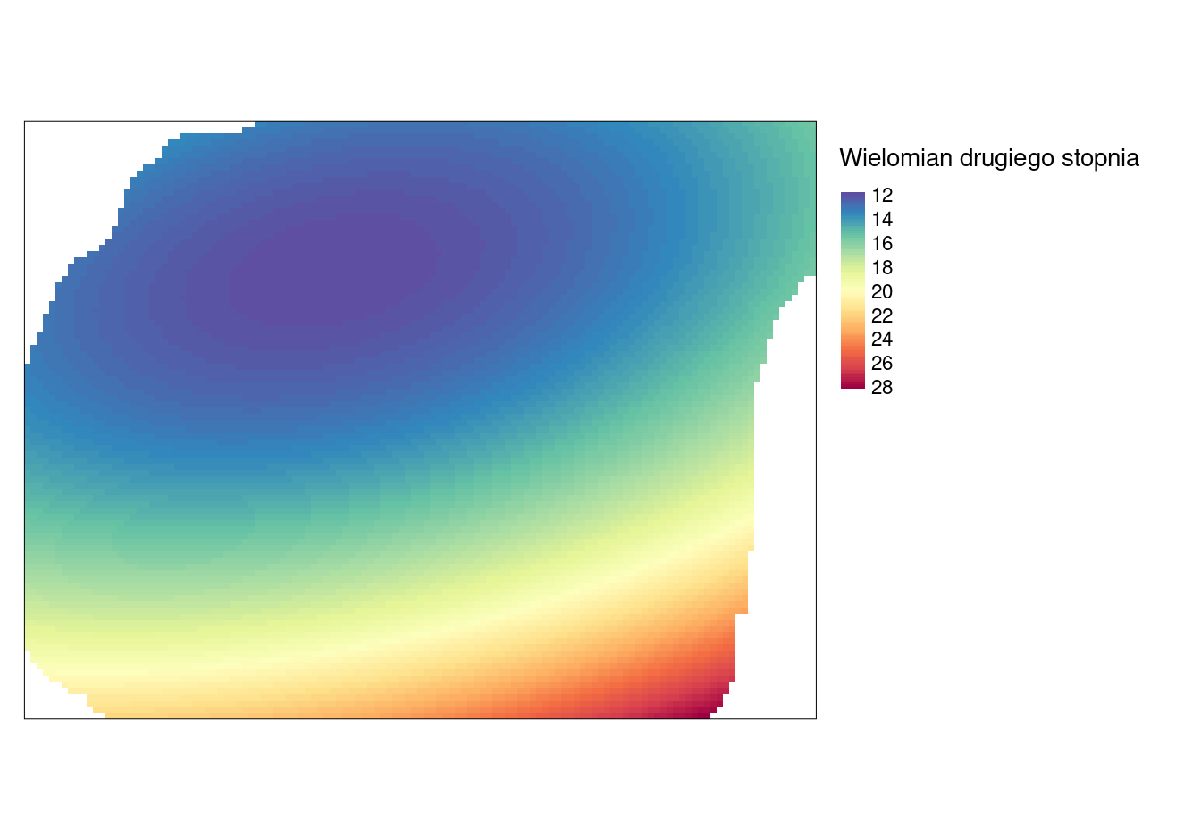 Powierzchnia trendu zmiennej temp określona używając wielomianu drugiego stopnia.