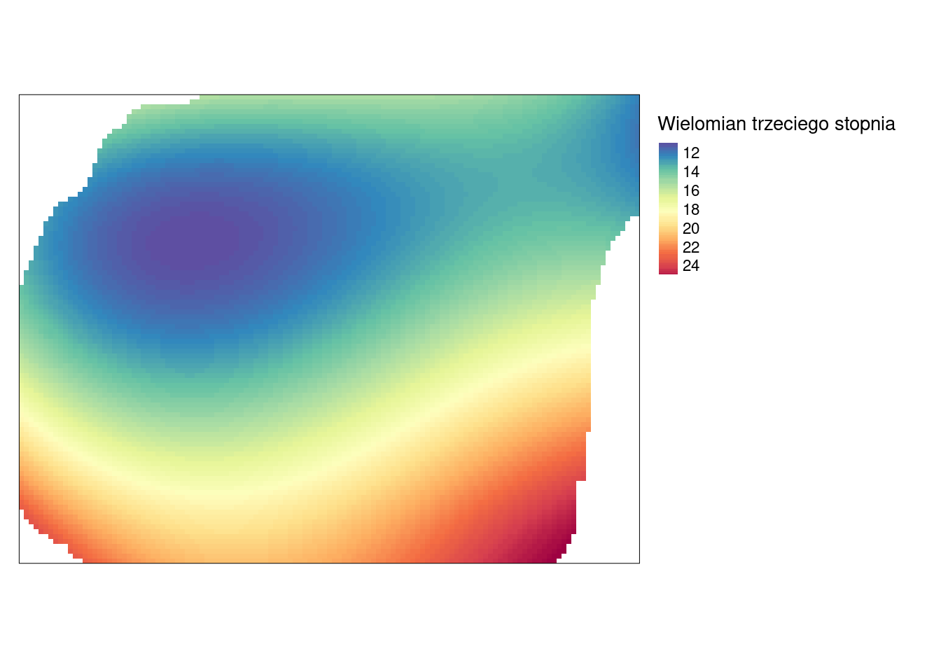 Powierzchnia trendu zmiennej temp określona używając wielomianu trzeciego stopnia.
