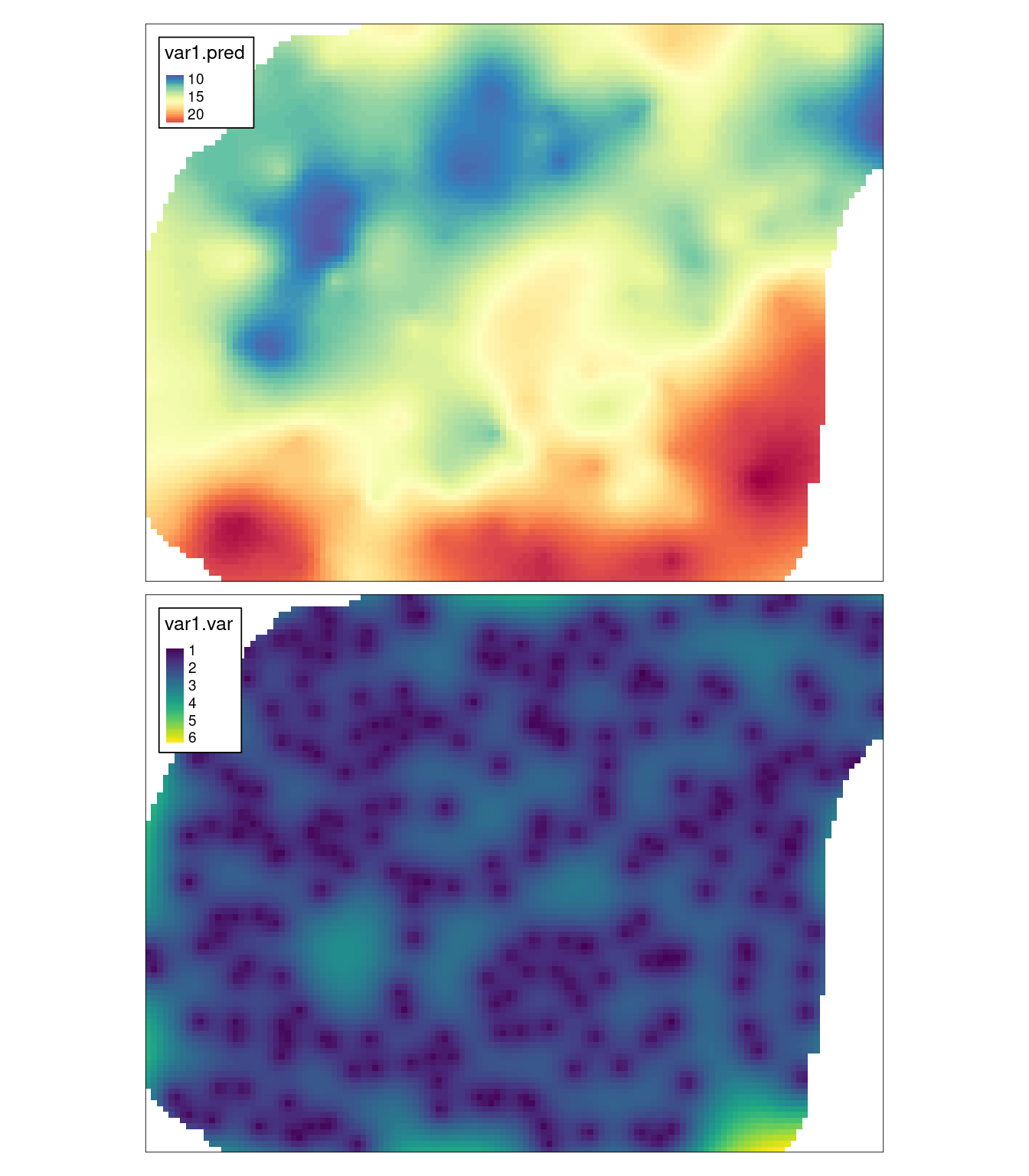 Estymacja i wariancja estymacji używając metody krigingu prostego (SK).