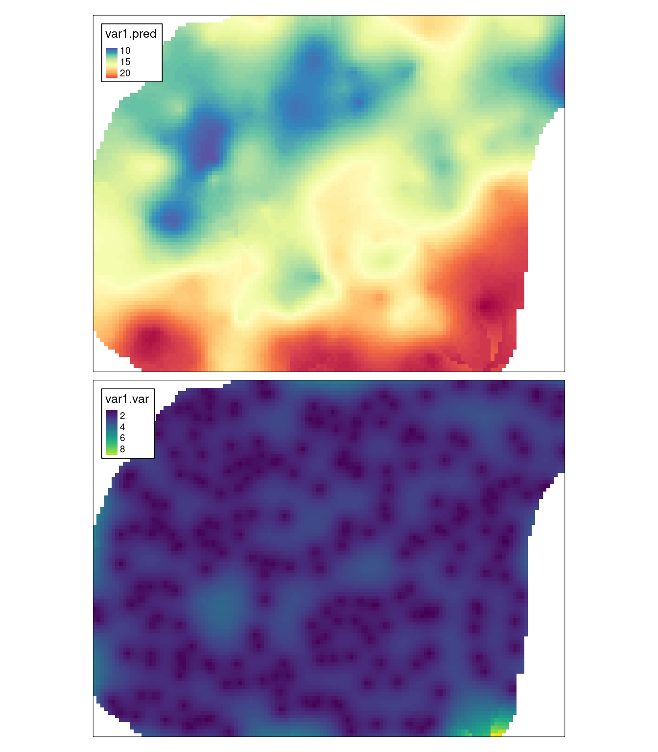 Estymacja i wariancja estymacji używając metody krigingu zwykłego (OK).
