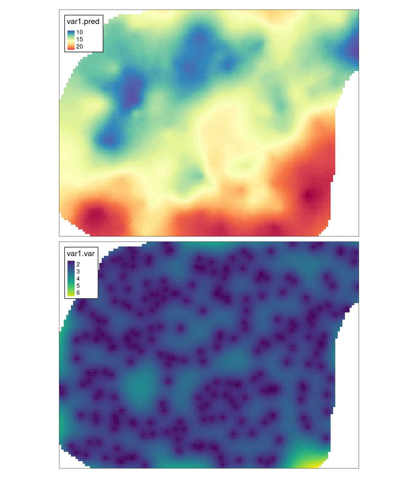 Estymacja i wariancja estymacji używając metody prostego krigingu ze zmiennymi średnimi lokalnymi (LVM).