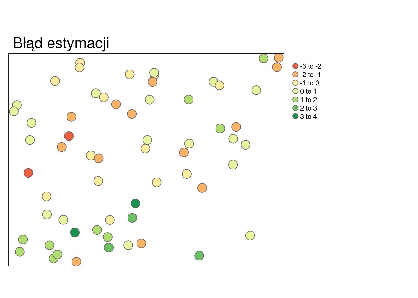 Mapa przedstawiająca rozkład przestrzenny błędów estymacji uzyskanych używając krigingu prostego.