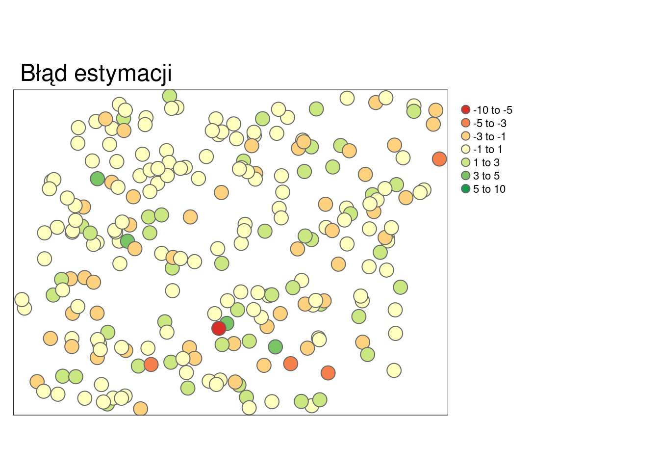 Mapa przedstawiająca rozkład przestrzenny błędów estymacji uzyskanych używając krigingu prostego i kroswalidacji.