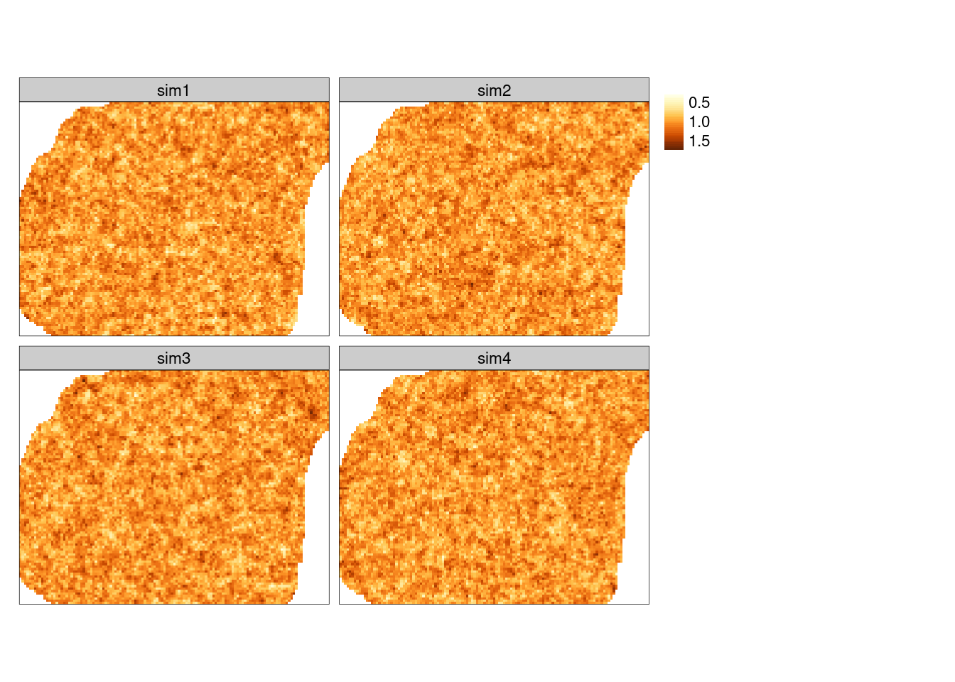 Przestrzennie skorelowana powierzchnia o średniej równej 1, wartości nsill równej 0.025, zasięgu równym 100, oraz modelu wykładniczego