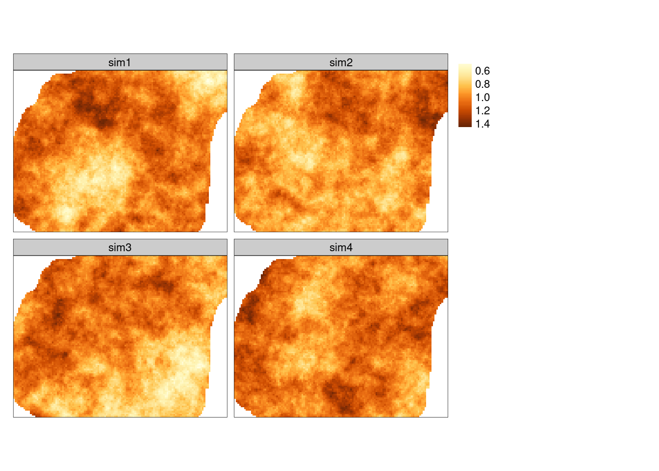 Przestrzennie skorelowana powierzchnia o średniej równej 1, wartości nsill równej 0.025, zasięgu równym 1500, oraz modelu wykładniczego