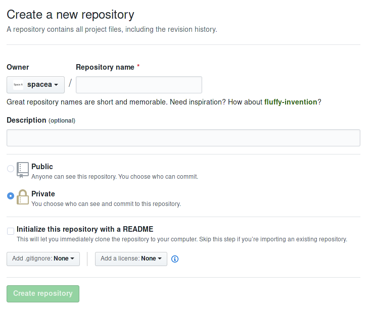 Okno tworzenia nowego repozytorium GitHub.