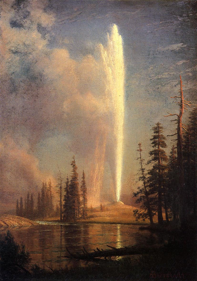 Obraz Alberta Bierstadta przedstawiający gejzer Old Faithful około roku 1881. Źródło: https://commons.wikimedia.org/wiki/File:Bierstadt_Albert_Old_Faithful.jpg