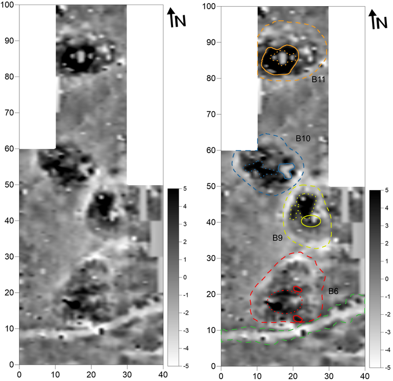 Obraz wynikowy pomiarów magnetometrycznych kurhanów nr 8-11 należących do I grupy na cmentarzysku w Bukównej (gradientometr Bartington Fluxgate Grad 601-1; poligon pomiarowy: 10 × 10 m, gęstość próbkowania na rozstaw transektów: 0,25 × 1,0 m, interpolowana do 0,25 × 0,5 m; realne wartości pola magnetycznego skompresowane w skali szarości do zakresu -5 – +5nT) (po lewej). Obraz wynikowy pomiarów magnetometrycznych kurhanów nr 8-11 należących do I grupy na cmentarzysku w Bukównej, z zaznaczonymi anomaliami opisywanymi  w tekście (po prawej)
