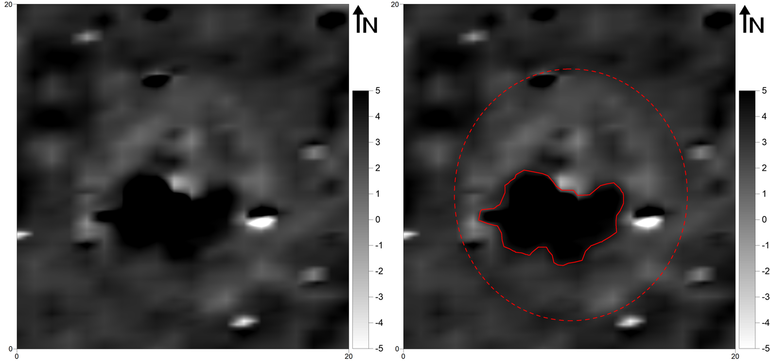 Obraz wynikowy pomiarów magnetometrycznych kurhanu nr 16 należącego do I grupy na cmentarzysku w Bukównej (gradientometr Bartington Fluxgate Grad 601-1; poligon pomiarowy: 20 × 20 m, gęstość próbkowania na rozstaw transektów: 0,25 × 1,0 m, interpolowana do 0,25 × 0,5 m; realne wartości pola magnetycznego skompresowane w skali szarości do zakresu -5 – +5nT) (po lewej). Obraz wynikowy pomiarów magnetometrycznych kurhanu nr 16 należącego do I grupy na cmentarzysku w Bukównej, z zaznaczonymi anomaliami opisywanymi w tekście (po prawej)
