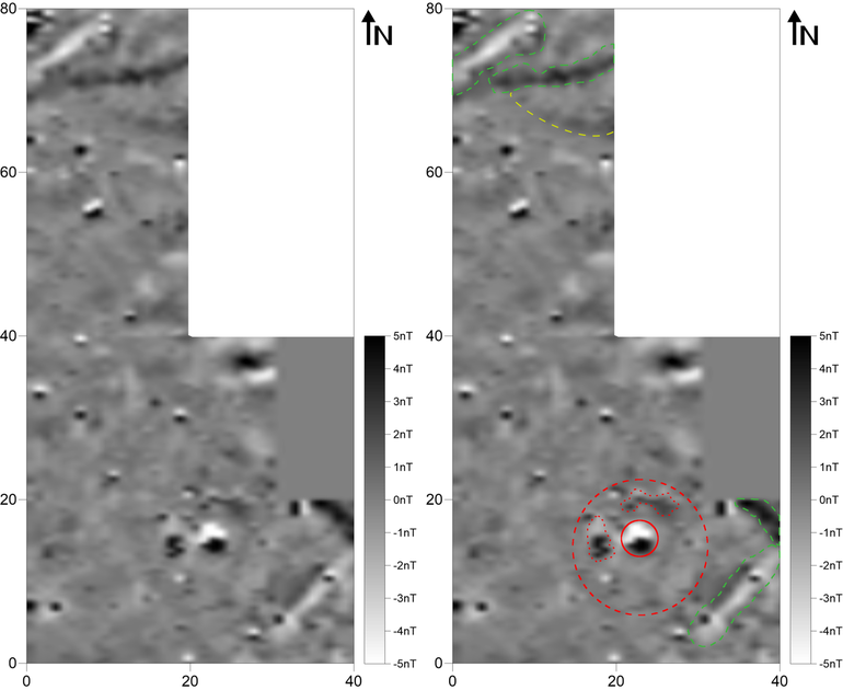 Obraz wynikowy pomiarów magnetometrycznych na wschodnim stoku grzbietu zlokalizowanego na zachód od miejscowości Bukówna (gradientometr Bartington Fluxgate Grad 601-1; poligon pomiarowy: 20 × 20 m, gęstość próbkowania na rozstaw transektów: 0,25 × 1,0 m, interpolowana do 0,25 × 0,5 m; realne wartości pola magnetycznego skompresowane w skali szarości do zakresu -5 – +5nT) (po lewej). Obraz wynikowy pomiarów magnetometrycznych na stoku grzbietu zlokalizowanego na zachód od miejscowości Bukówna z zaznaczonymi anomaliami opisywanymi w tekście (po prawej)