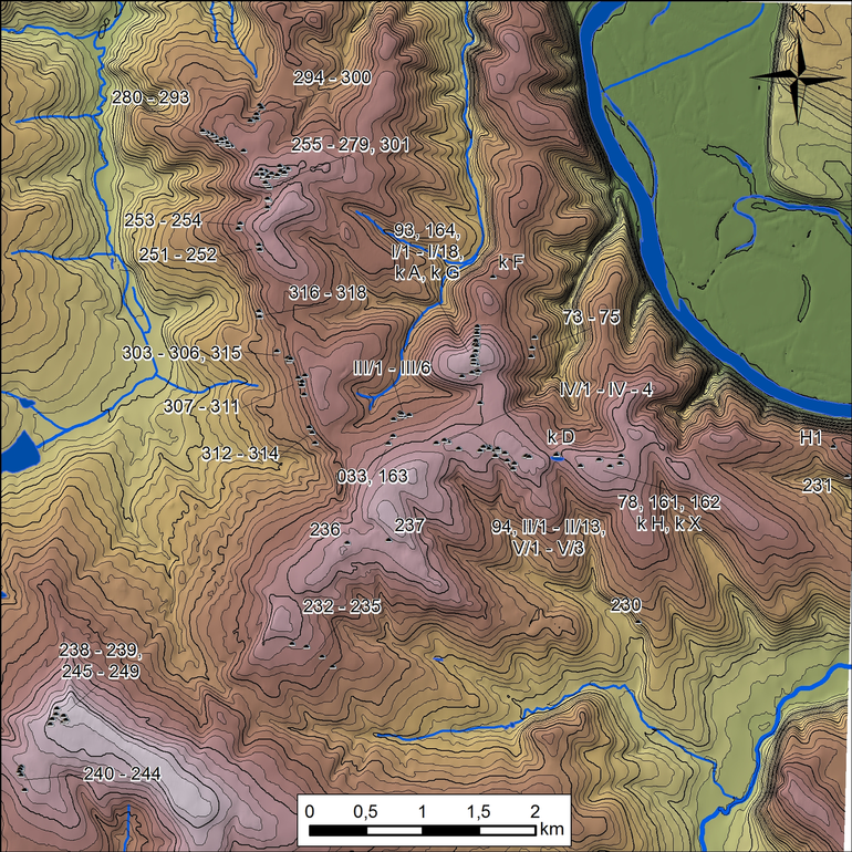 Cyfrowy model wysokościowy cmentarzysk w Bukównej/Bukivnej i Bukównej/Bukivnej-Olszanicy/Vilshanitsy, oraz Bukównej/Bukivnej-Miłowaniu/Milovaniu z numeracją grup i kurhanów