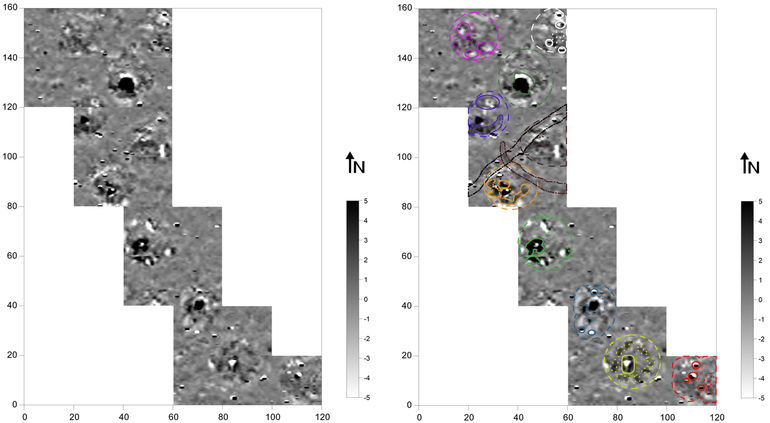 Obraz wynikowy pomiarów magnetometrycznych I grupy kurhanów (nr 263, 275-277, 279, 259, 258, 260, 261, 262) na stanowisku Miłowanie (gradientometr Bartington Fluxgate Grad 601-1; poligon pomiarowy: 20 × 20 m, gęstość próbkowania na rozstaw transektów: 0,25 × 1,0 m, interpolowana do 0,25 × 0,5 m; realne wartości gradientu pola magnetycznego skompresowane w skali szarości do zakresu -5 – +5nT) (po lewej). Obraz wynikowy pomiarów magnetometrycznych I grupy kurhanów (nr 263, 275-277, 279, 259, 258, 260, 261, 262) na stanowisku Miłowanie z zaznaczonymi anomaliami opisywanymi w tekście (po prawej)