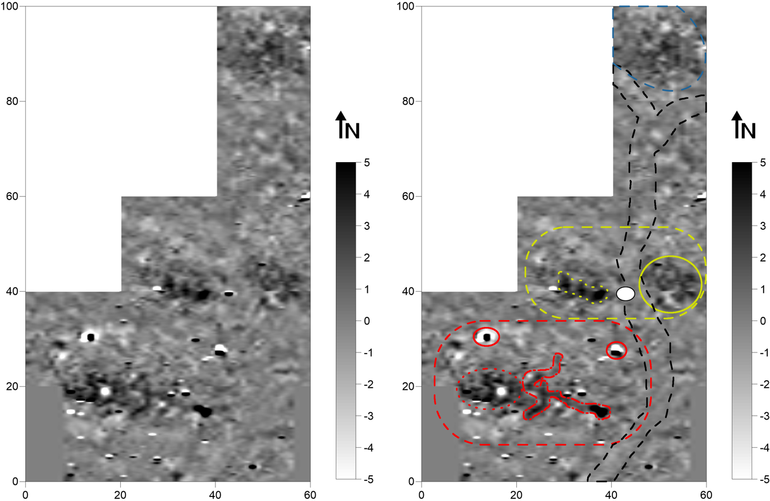 Obraz wynikowy pomiarów magnetometrycznych południowej części III grupy kurhanów (nr 296-299) na stanowisku Miłowanie (gradientometr Bartington Fluxgate Grad 601-1; poligon pomiarowy: 20 × 20 m, gęstość próbkowania na rozstaw transektów: 0,25 × 1,0 m, interpolowana do 0,25 × 0,5m; realne wartości gradientu pola magnetycznego skompresowane w skali szarości do zakresu -5 – +5nT) (po lewej). Obraz wynikowy pomiarów magnetometrycznych południowej części III grupy kurhanów (nr 296-299) na stanowisku Miłowanie z zaznaczonymi anomaliami opisywanymi w tekście (po prawej)