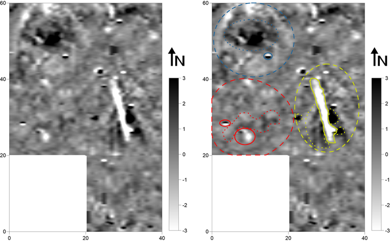 Obraz wynikowy pomiarów magnetometrycznych północnej części III grupy kurhanów (nr 294, 295 i 295A) na stanowisku Miłowanie (gradientometr Bartington Fluxgate Grad 601-1; poligon pomiarowy: 20 × 20 m, gęstość próbkowania na rozstaw transektów: 0,25 × 1,0 m, interpolowana do 0,25 × 0,5 m; realne wartości gradientu pola magnetycznego skompresowane w skali szarości do zakresu -3 – +3nT) (po lewej). Obraz wynikowy pomiarów magnetometrycznych północnej części III grupy kurhanów (nr 294, 295 i 295A) na stanowisku Miłowanie z zaznaczonymi anomaliami opisywanymi w tekście (po prawej)