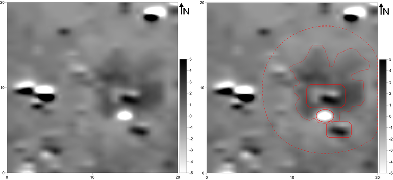 (na lewo). Obraz wynikowy pomiarów magnetometrycznych kurhanu nr 146 na stanowisku Daszawa (gradientometr Bartington Fluxgate Grad 601-1; poligon pomiarowy: 20 × 20 m, gęstość próbkowania na rozstaw transektów: 0,25 × 1,0 m, interpolowana do 0,25 × 0,5m; realne wartości pola magnetycznego skompresowane w skali szarości do zakresu -5 – +5nT) (po lewej). Obraz wynikowy pomiarów magnetometrycznych kurhanu nr 146 na stanowisku Daszawa z zaznaczonymi anomaliami opisywanymi w tekście (po prawej)