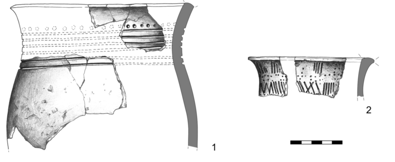 1 – puchar typu P22 zachowany fragmentarycznie, zdobiony dookolnie na szyjce okrągłymi odciskami i sześcioma (?) liniami rytymi. H – ?,  R1 – 18,2  cm, R2 – 15,7 cm, R3 – 18,8 cm; 2 – fragment wylewu naczynia, zdobiony pionowymi i ukośnymi, krótkimi liniami rytymi oraz nakłuciami. R1 – 12,3 cm