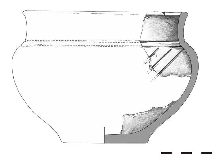 Waza typu W22, zachowana częściowo, zdobiona na szyjce dwiema poziomymi liniami rytymi, pod nimi, na brzuścu – liniami ukośnymi. Krawędź zaokrąglona, dno lekko wyodrębnione. Domieszka tłuczonego kamienia i krzemienia. H – 13,2  cm, R1 – 16,5  cm, R2 – 15,7  cm, R3 – 18,4  cm, R4 – 8,5  cm