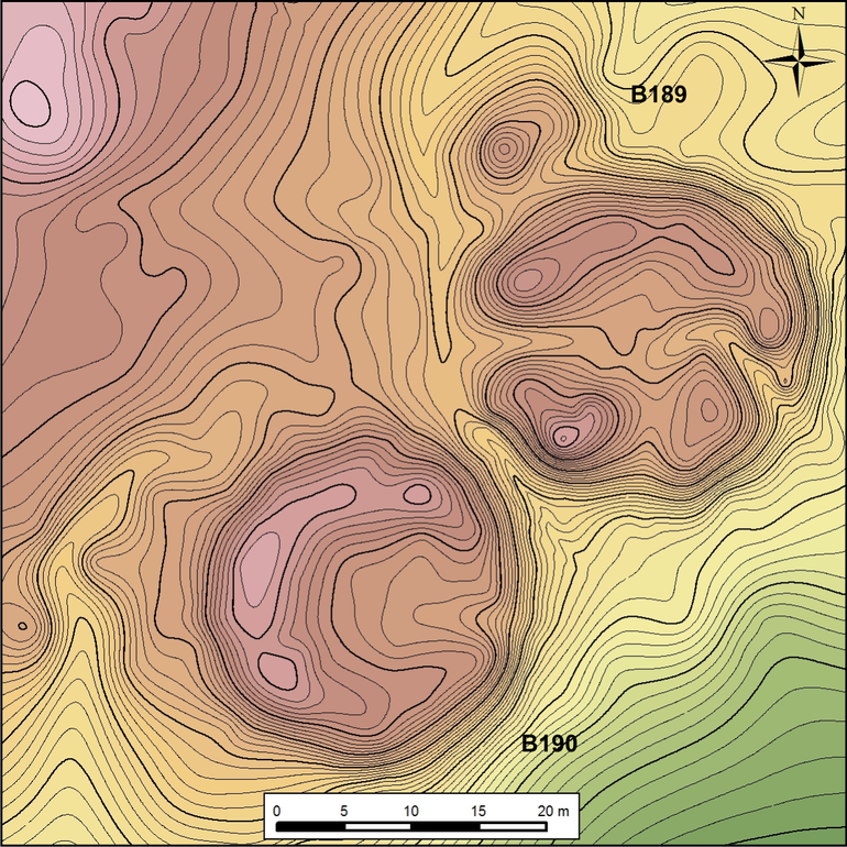 Usytuowanie kurhanów 189 i 190 na planie sytuacyjno-wysokościowym