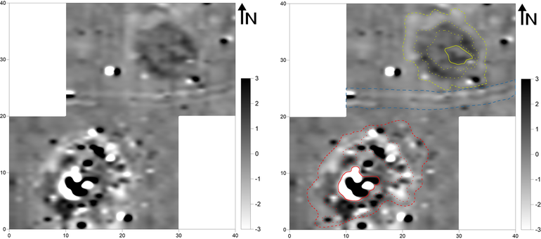 Obraz wynikowy pomiarów magnetometrycznych kurhanów nr 63 i 65 na stanowisku Komarów (gradientometr Bartington Fluxgate Grad 601-1; poligon pomiarowy: 10,0 × 10,0 m, gęstość próbkowania na rozstaw transektów: 0,25 × 1,0 m, interpolowana do 0,25 × 0,5 m; realne wartości pola magnetycznego skompresowane w skali szarości do zakresu -3 – +3nT) (po lewej). Obraz wynikowy pomiarów magnetometrycznych kurhanów nr 63 i 65 na stanowisku Komarów z zaznaczonymi anomaliami opisywanymi w tekście (po prawej)