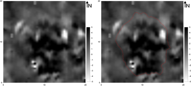 Obraz wynikowy pomiarów magnetometrycznych kurhanu nr 171 na stanowisku Komarów (gradientometr Bartington Fluxgate Grad 601-1; poligon pomiarowy: 20 × 20 m, gęstość próbkowania na rozstaw transektów: 0,25 × 0,5 m, interpolowana do 0,25 × 0,25 m; realne wartości pola magnetycznego skompresowane w skali szarości do zakresu -5 – +5nT)(po lewej). Obraz wynikowy pomiarów magnetometrycznych kurhany nr 171 na stanowisku Komarów z zaznaczonymi anomaliami opisywanymi w tekście (po prawej)