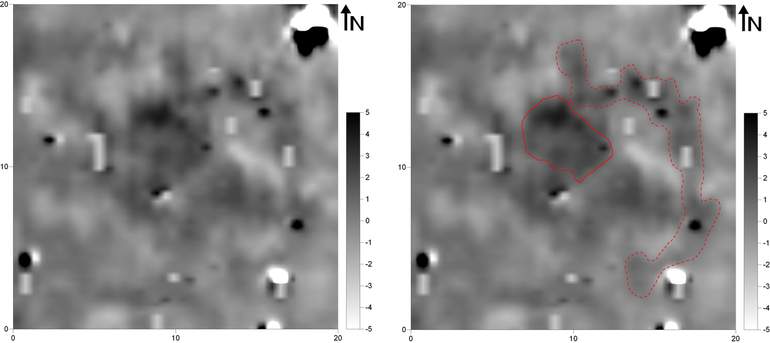 Obraz wynikowy pomiarów magnetometrycznych kurhanu nr 187 na stanowisku Komarów (gradientometr Bartington Fluxgate Grad 601-1; poligon pomiarowy: 20 × 20 m, gęstość próbkowania na rozstaw transektów: 0,25 × 0,5 m, interpolowana do 0,25 × 0,25 m; realne wartości pola magnetycznego skompresowane w skali szarości do zakresu -5 – +5nT) (po lewej). Obraz wynikowy pomiarów magnetometrycznych kurhany nr 187 na stanowisku Komarów z zaznaczonymi anomaliami opisywanymi w tekście (po prawej)