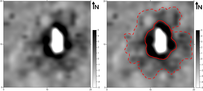 Kryłos-Tyndyk. Obraz wynikowy pomiarów magnetometrycznych kurhanu nr 25 na stanowisku Kryłos (gradientometr Bartington Fluxgate Grad 601-1; poligon pomiarowy: 10,0 × 10,0 m, gęstość próbkowania na rozstaw transektów: 0,25 × 1,0 m, interpolowana do 0,25 × 0,5 m; realne wartości pola magnetycznego skompresowane w skali szarości do zakresu -5 – +5nT) (po lewej). Obraz wynikowy pomiarów magnetometrycznych kurhanu nr 25 na stanowisku Kryłos z zaznaczonymi anomaliami opisywanymi w tekście (po prawej).