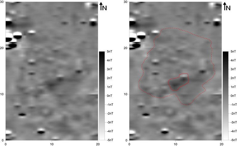 Obraz wynikowy pomiarów magnetometrycznych kurhanu nr 81 na stanowisku Okniany (gradientometr Bartington Fluxgate Grad 601-1; poligon pomiarowy: 10 × 10 m; gęstość próbkowania na rozstaw transektów: 0,25 × 0,5 m, interpolowana do 0,25 × 0,25 m; realne wartości pola magnetycznego skompresowane w skali szarości do zakresu -5 – +5nT) (po lewej). Obraz wynikowy pomiarów magnetometrycznych kurhanu nr 81 na stanowisku Okniany z zaznaczonymi anomaliami opisywanymi w tekście (po prawej)