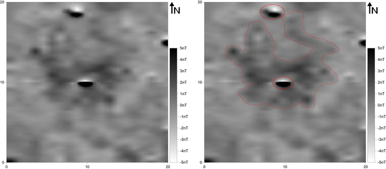 Obraz wynikowy pomiarów magnetometrycznych kurhanu nr 85 na stanowisku Okniany (gradientometr Bartington Fluxgate Grad 601-1; poligon pomiarowy: 10 × 10 m; gęstość próbkowania na rozstaw transektów: 0,25 × 0,5 m, interpolowana do 0,25 × 0,25 m; realne wartości pola magnetycznego skompresowane w skali szarości do zakresu -5 – +5nT) (po lewej). Obraz wynikowy pomiarów magnetometrycznych kurhanu nr 85 na stanowisku Okniany z zaznaczonymi anomaliami opisywanymi w tekście (po prawej)