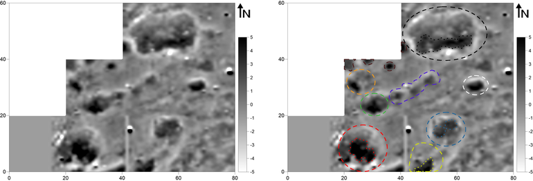 Obraz wynikowy pomiarów magnetometrycznych I grupy kurhanów – zgrupowanie północno-zachodnie (kurhany nr 122, 206, 209, 210, 212, 216, 228) na stanowisku Podgrodzie (gradientometr Bartington Fluxgate Grad 601-1; poligon pomiarowy: 20 × 20 m, gęstość próbkowania na rozstaw transektów: 0,25 × 1,0 m, interpolowana do 0,25 × 0,5 m; realne wartości pola magnetycznego skompresowane w skali szarości do zakresu -5 – +5nT) (po lewej). Obraz wynikowy pomiarów magnetometrycznych I grupy kopców (kurhany nr 122, 206, 209, 2010, 212, 216, 228) na stanowisku Podgrodzie z zaznaczonymi anomaliami opisywanymi w tekście (po prawej)