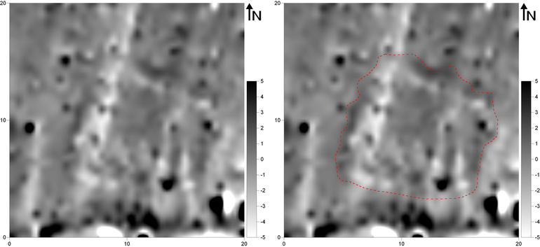 Obraz wynikowy pomiarów magnetometrycznych na stanowisku Putiatyńce (gradientometr Bartington Fluxgate Grad 601-1; poligon pomiarowy: 20 × 20 m; gęstość próbkowania na rozstaw transektów: 0,25 × 0,5 m, interpolowana do 0,25 × 0,25 m; realne wartości pola magnetycznego skompresowane w skali szarości do zakresu -5 – +5nT) (po lewej). Obrazz wynikowy pomiarów magnetometrycznych na stanowisku Putiatyńce z zaznaczonymi anomaliami opisywanymi w tekście (po prawej)