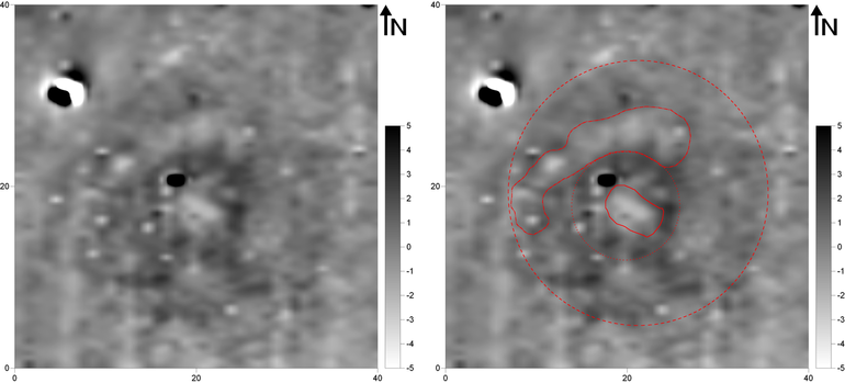Obraz wynikowy pomiarów magnetometrycznych kurhanu nr 129 na stanowisku Sarniki (gradientometr Bartington Fluxgate Grad 601-1; poligon pomiarowy: 20,0 × 20,0 m, gęstość próbkowania na rozstaw transektów: 0,25 × 1,0 m, interpolowana do 0,25 × 0,5 m; realne wartości pola magnetycznego skompresowane w skali szarości do zakresu -5 – +5nT) (po lewej). Obraz wynikowy pomiarów magnetometrycznych kurhanu nr 130 na stanowisku Sarniki z zaznaczonymi anomaliami opisywanymi w tekście (po prawej)