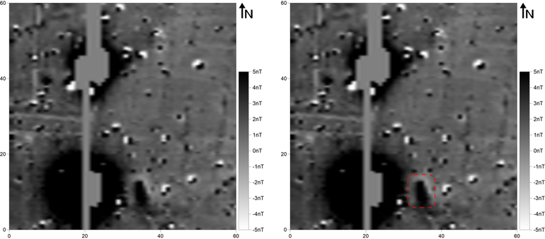 Obraz wynikowy pomiarów magnetometrycznych na stanowisku Stopczatów (gradientometr Bartington Fluxgate Grad 601-1; poligon pomiarowy: 20 × 20 m; gęstość próbkowania na rozstaw transektów: 0,25 × 0,5m, interpolowana do 0,25 × 0,25 m; realne wartości pola magnetycznego skompresowane w skali szarości do zakresu -5 – +5nT) (po lewej). Obraz wynikowy pomiarów magnetometrycznych na stanowisku Stopczatów z zaznaczonymi anomaliami opisywanymi w tekście (po prawej).