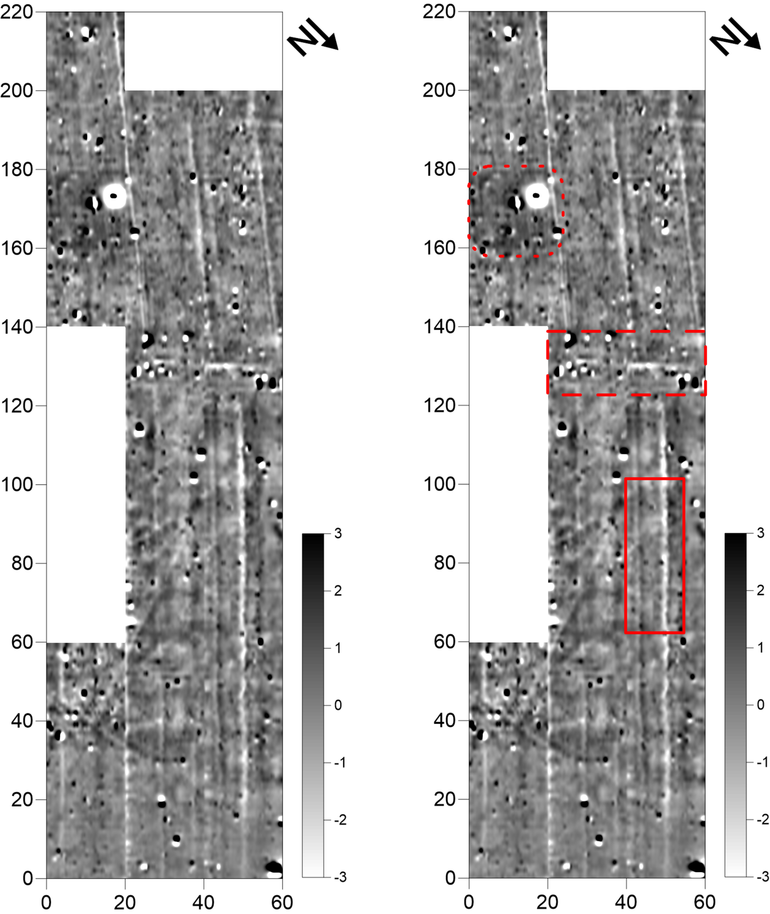 Obraz wynikowy pomiarów magnetometrycznych na stanowisku Tenetniki (gradientometr Bartington Fluxgate Grad 601-1; poligon pomiarowy: 20 × 20 m; gęstość próbkowania na rozstaw transektów: 0,25 × 1,0 m, interpolowana do 0,25 × 0,5 m; realne wartości pola magnetycznego skompresowane w skali szarości do zakresu -3 – +3nT) (po lewej). Obraz wynikowy pomiarów magnetometycznych na stanowisku Tenetniki z zaznaczonymi anomaliami opisywanymi w pierwszej części tekstu (po prawej)