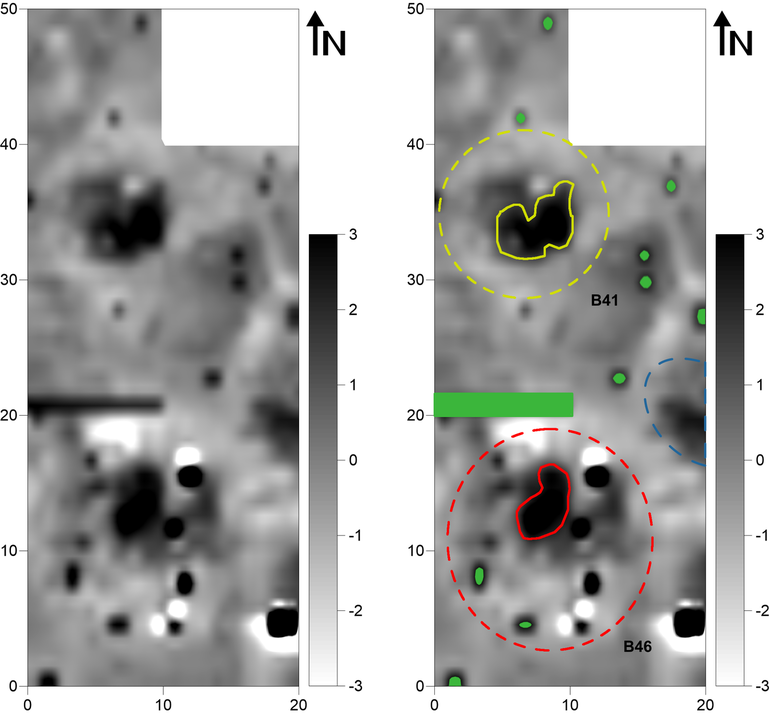  Obraz wynikowy pomiarów magnetometrycznych kurhanów nr 41 i 46 na stanowisku Wiktorów (gradientometr Bartington Fluxgate Grad 601-1; poligon pomiarowy: 10,0 x 10,0 m, gęstość próbkowania na rozstaw transektów: 0,25 x 1,0 m, interpolowana do 0,25 x 0,5 m; realne wartości pola magnetycznego skompresowane w skali szarości do zakresu -3 - +3nT (po lewej). Obraz wynikowy pomiarów magnetometrycznych kurhanów nr 41 i 46 na stanowisku Wiktorów z zaznaczonymi anomaliami opisywanymi w tekście (po prawej)