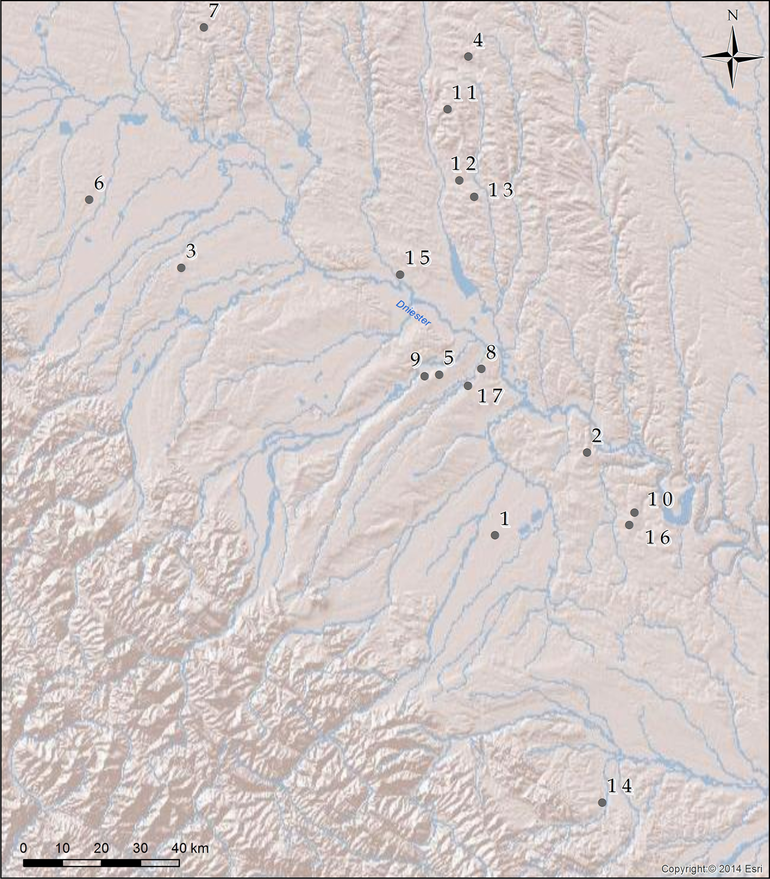 Usytuowanie cmentarzysk kurhanowych kultury komarowskiej w dorzeczu górnego Dniestru (dawne województwo stanisławowskie). 1 – Bratkowce (Bratkivcy), 2 – Bukówna (Bukivna), 3 – Daszawa (Dashava), 4 – Janczyn (Ivanivka), 5 – Komarów (Komariv), 6 – Kawsko (Kavsko), 7 – Krasów (Krasiv), 8 – Kryłos (Krylos), 9 – Medynia (Medynia), 10 – Okniany (Vikniany), 11 – Podgrodzie (Pidgorodie), 12 – Putiatyńce (Putiatyncy), 13 – Sarniki (Sirniki), 14 – Stopczatów (Stopchativ), 15 – Tenetniki (Tenetnyky), 16 – Tłumacz (Tlumach),17 – Wiktorow (Viktoriv)