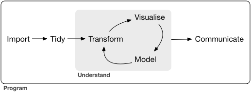 Typowy projekt data science. Żródło: http://r4ds.had.co.nz/